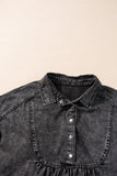 Black Acid Wash Button Front Collared Short Sleeve Denim Dress