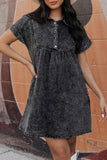 Black Acid Wash Button Front Collared Short Sleeve Denim Dress