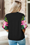 Black Floral Embroidered Puff Sleeve Notched Neck Blouse