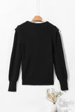 Black Braided Notched V Neckline Puff Sleeve Knitted Sweater