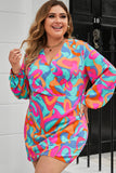 Multicolor Plus Size Abstract Print Pleated Surplice Long Sleeve Dress