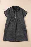 Black Acid Wash Button Front Collared Short Sleeve Denim Dress