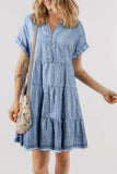 Beau Blue Acid Wash V Neck Tiered Denim Dress