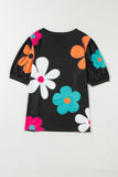 Black Flower/Bowknot Print Bubble Sleeve Tee