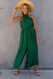 Green Halter Neck Pleated Wide Leg Jumpsuit with Belt