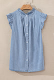 Beau Blue Frilly Pleated Button Back Retro Chambray Top