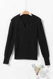 Black Braided Notched V Neckline Puff Sleeve Knitted Sweater