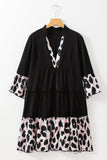 Black Leopard Patchwork Split Neck Ruffle Curvy Dress