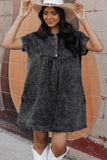 Black Acid Wash Button Front Collared Short Sleeve Denim Dress