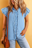 Beau Blue Button Front Ruffled Flutter Frayed Denim Top